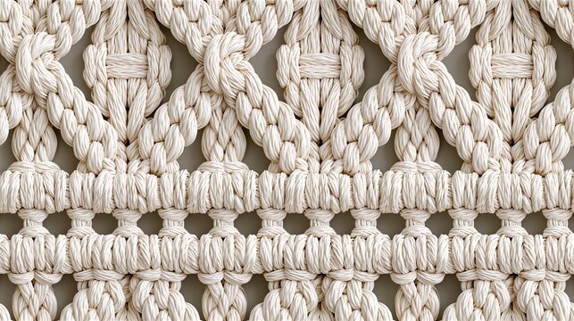 Seamless macrame pattern of thick off-white braided rope knots creating repeating geometric texture on light neutral background for handcrafted decor