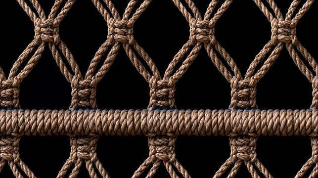 Natural brown knotted jute rope net with diamond shaped openings against solid black background showing textured nautical pattern