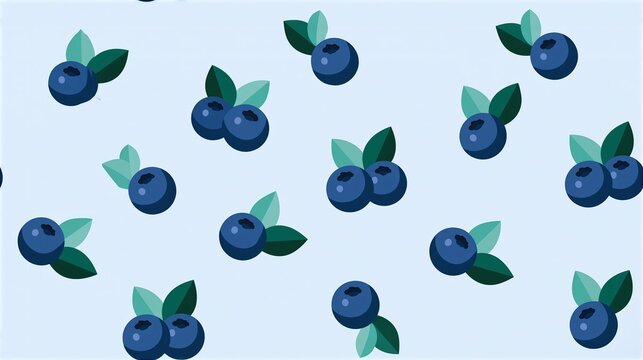 Cute seamless repeating pattern of fresh blueberries with green leaves on soft light blue background for summer themed decorative textile design projects