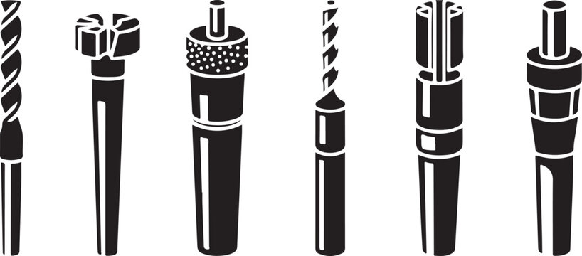 Industrial drill bit icons set showing various machine tools and precision metal cutting equipment for manufacturing production.