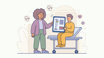 Fototapeta premium A doctor shows medical results on a tablet to a patient sitting on a hospital bed while the mood is calm and hopeful