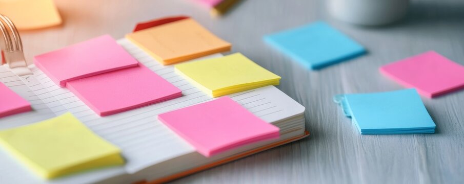 Close-up of an open planner filled with vibrant pink, yellow, blue, orange sticky notes, scattered on a bright desk, symbolizing organization and task management., Productivity