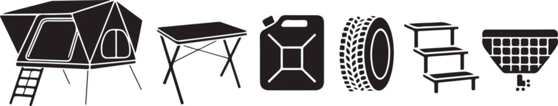 Camping equipment set tent table fuel canister tire stairs solar panel for outdoor adventure isolated.