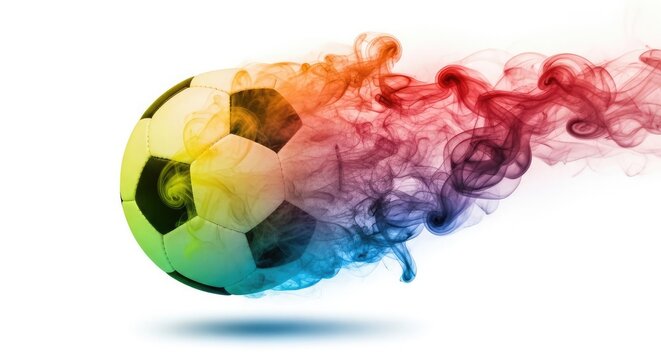 Vibrant soccer ball with rainbow smoke effect on white background for international football competition