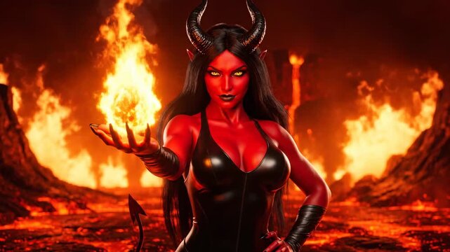 A red-skinned demoness with horns, looking at viewer, against flames