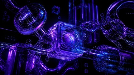 Abstract 3D purple geometric shapes in dark digital space.