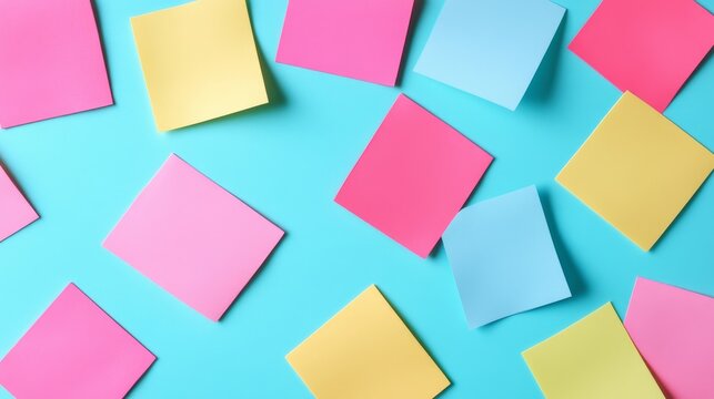 Colorful pink, yellow and blue sticky notes scattered on a vibrant blue background. Ideal for reminders, organization, planning and creative brainstorming concepts. Productivity, Ideas