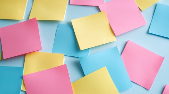 Colorful pink, yellow, blue sticky notes scattered and overlapping on a light blue surface, a flat lay symbolizing organization, ideas and reminders.,Planning,Productivity