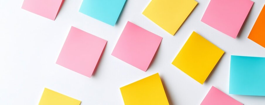 Colorful scattered sticky notes pink, yellow, blue, orange arranged diagonally on a bright white background. Symbolizes ideas, organization and creative task management. ,memo