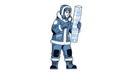 Scientist Examining Ice Core Sample: A scientist, clad in warm arctic gear, holds a magnifying glass to an ice core sample, engaged in research in a cold environment. © abidakhatun