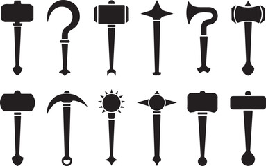 Obraz premium Medieval weapon hammer silhouettes collection featuring war maces battle tools combat equipment and iron tools for action game.