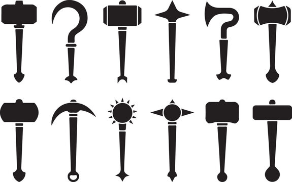 Medieval weapon hammer silhouettes collection featuring war maces battle tools combat equipment and iron tools for action game.