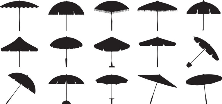 Beach umbrella silhouettes collection featuring various parasol shapes for summer holiday vacation and outdoor sun protection.