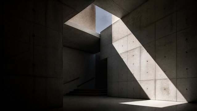 A monumental geometric concrete light well with sharp beams of sunlight.