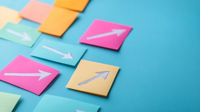 Colorful sticky notes with updown arrows scattered on a blue background, symbolizing strategic direction, growth and planning. trends, strategy