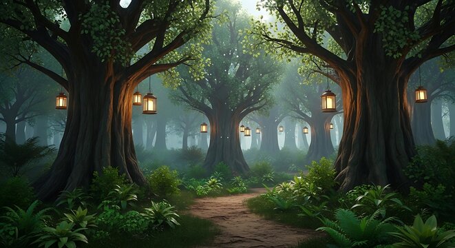 Cozy house with warm lights in a dark forest at night