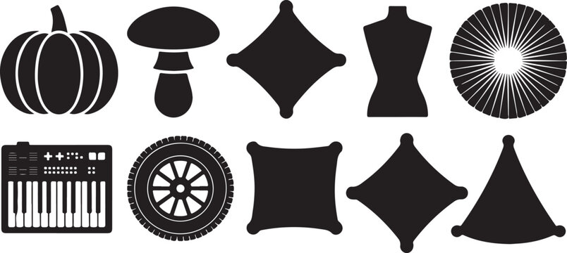 Collection of black flat icons representing various objects like a pumpkin, mushroom, cushion, keyboard, and clothing items on checkered background.