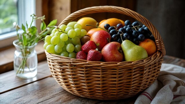 A tightly woven osier basket filled with fresh fruits, natural texture of willow.