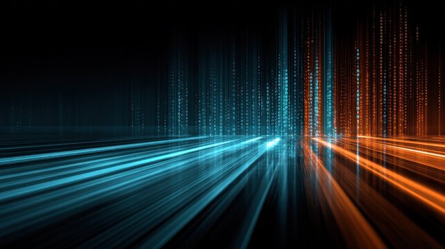 Digital streams of blue and orange light surge across a dark, abstract digital landscape