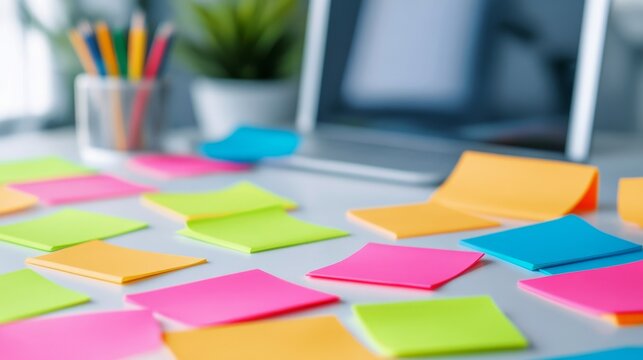 Dynamic close-up of bright pink, green, orange, blue sticky notes scattered on a desk, with a blurred laptop and plant in background. Symbolizing focused planning, ideas and
