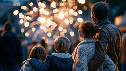 Fototapeta premium A family viewed from behind walks softly toward a calm bright festive fireworks display in the evening family walk faceless back view dark outdoors evening