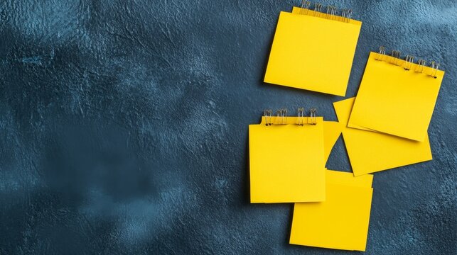Dynamic flat lay Bright yellow spiral notebooks scattered on deep textured background. Ample copy space for ideas, planning, notes and creativity, Stationery, productivity