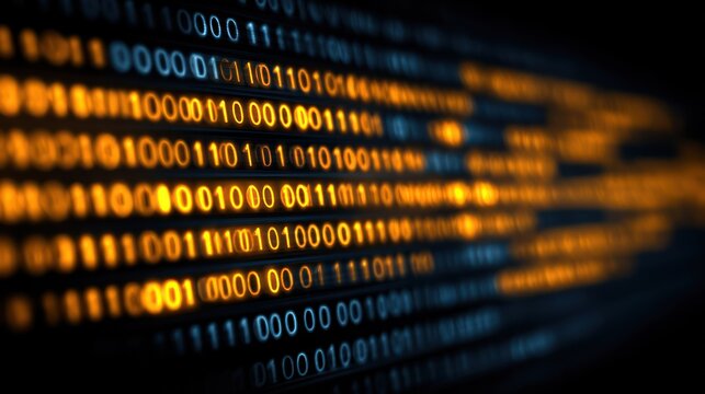 Flowing streams of glowing binary digits move rapidly into the distance against a dark background.