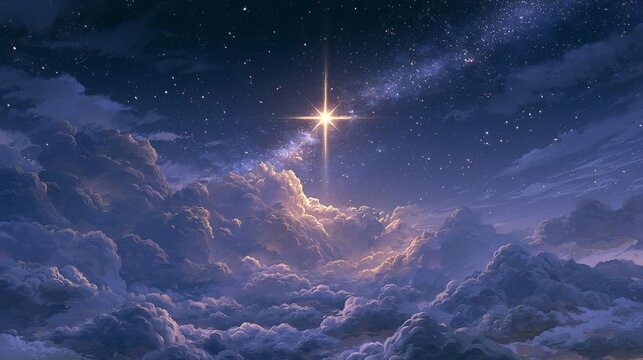 A bright star shines in a dark night sky filled with clouds and stars