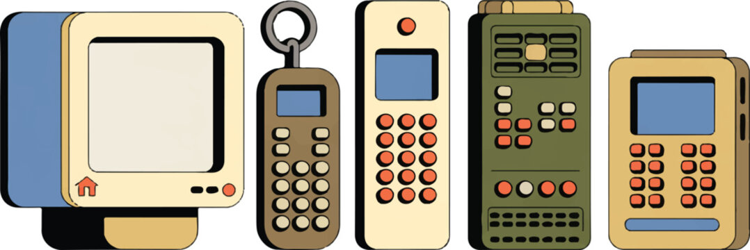 Retro technology objects, vintage computer, remotes, and calculator, nostalgia electronic devices on transparent background.