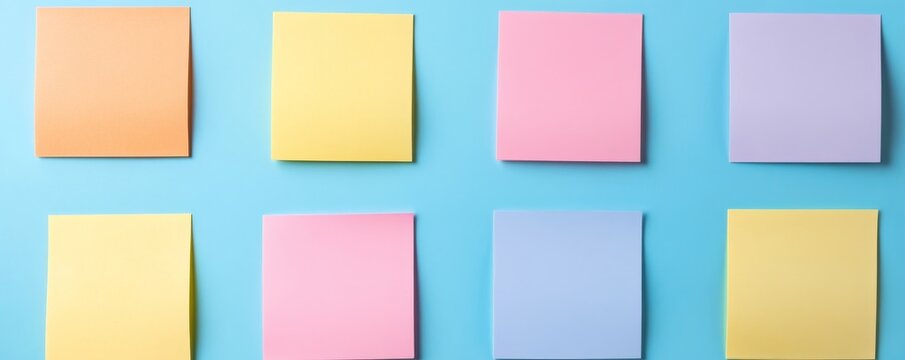 Eight assorted sticky notes in a 2x4 grid on a vibrant blue background, flat lay. Colors orange, yellow, pink, purple, blue. Concept Tasks, reminders