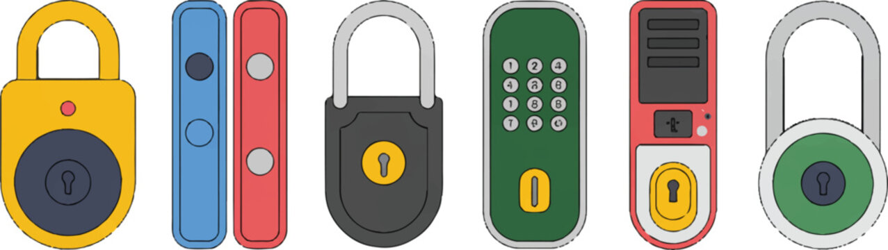 Set of assorted colorful security padlocks and digital door locks rendered as simple flat graphic icons for home safety usage.