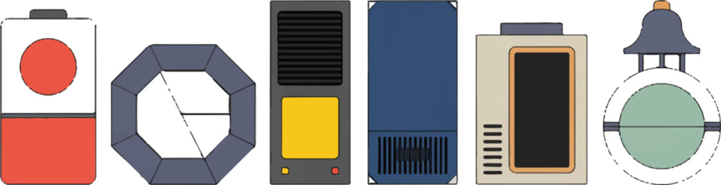 Collection of various industrial machines and electrical equipment symbols rendered in simplified colorful flat graphic style.