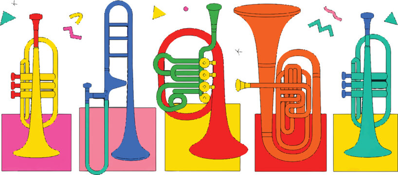 Brass musical instruments including trumpet trombone and tuba with colorful geometric shapes isolated on transparent background.