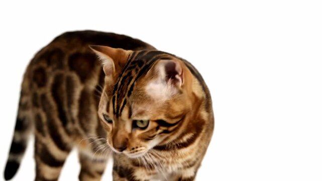 A regal cat with unique markings, standing against a clean white backdrop
