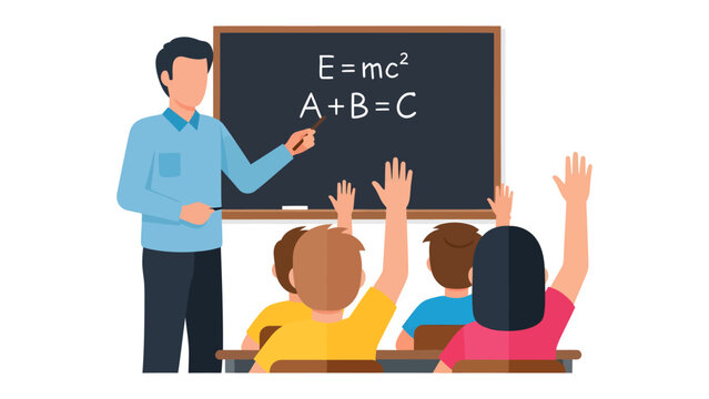 Physics Lesson: A teacher explains the famous equation E=mc&sup2; to students raising their hands in a classroom, fostering a spirit of scientific inquiry.