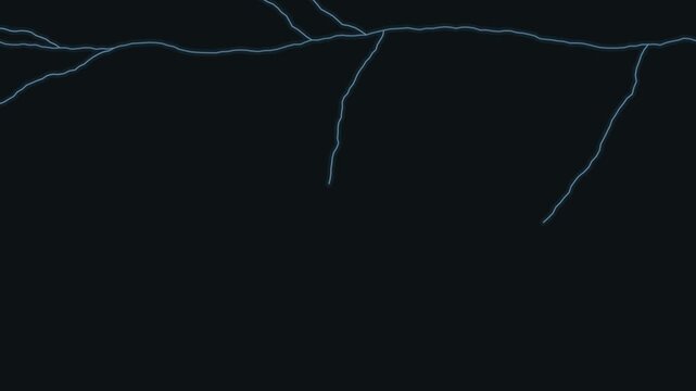 Lightning bolt electric discharge striking with blue glowing branching paths on black background for storm visual effects and atmospheric overlay