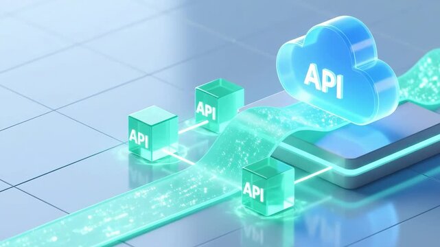 Isometric 3D render of the glowing cloud platform connecting to API cubes representing cloud computing network infrastructure on clean blue background