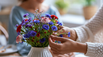 Fototapeta premium A close up of hands arranges softly bright patriotic flowers in a calm festive vase patriotic flowers faceless detail softly defocused backdrop bright interior