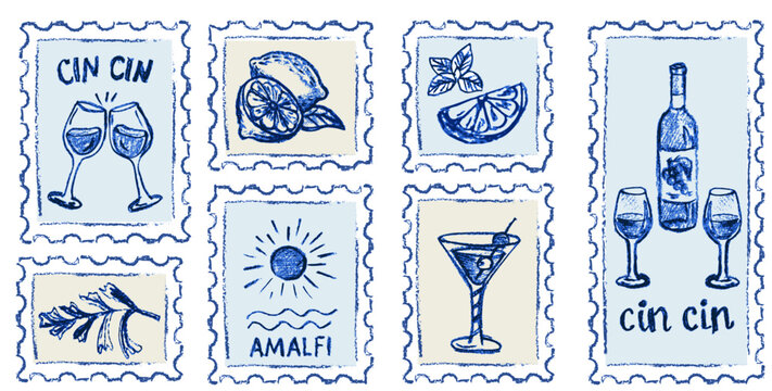 Hand drawn Amalfi coast postage stamp collection with wine lemon and cocktail