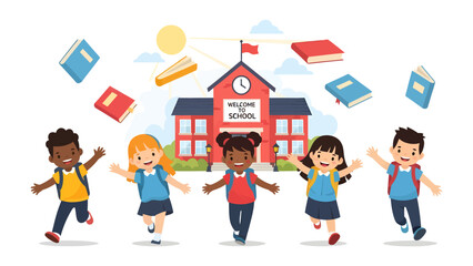 Back to School Joy: Diverse children with backpacks joyfully run towards a vibrant school building, surrounded by floating books under a sunny sky, celebrating the excitement of learning. © abidakhatun