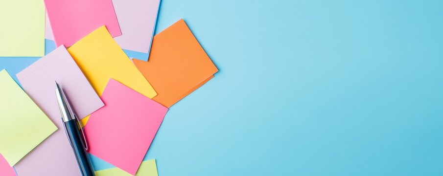 Flat lay of colorful, blank sticky notes and pen scattered on a blue background, ample right-side copy space for thoughts, ideas and creative planning., brainstorming, productivity