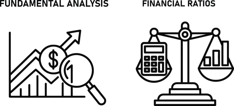Fundamental analysis and financial ratios icons with fundamental analysis financial investment calculator business research magnifying currency