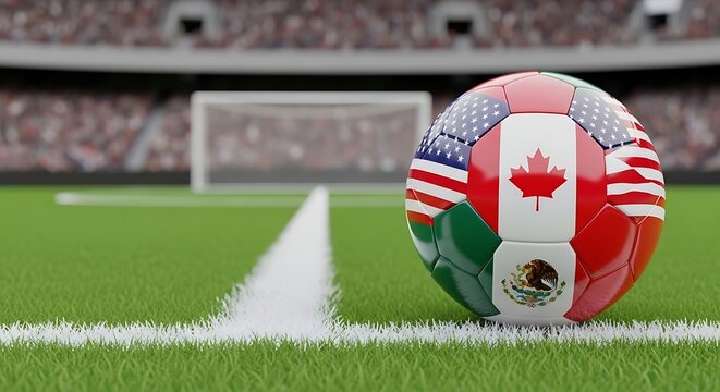 North american soccer ball with usa canada and mexico flags
