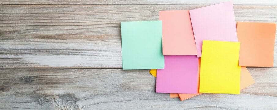 Flat lay of vibrant paper notes scattered on a rustic wooden background, with ample blank space for your creative ideas, planning, or key messages. Productivity, Stationery