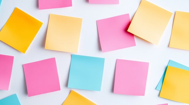 Flat lay Vibrant blank sticky notes (pink, yellow, blue) scattered on a white surface. Represents ideas, reminders and creative brainstorming. Top-down view., Productivity, Office
