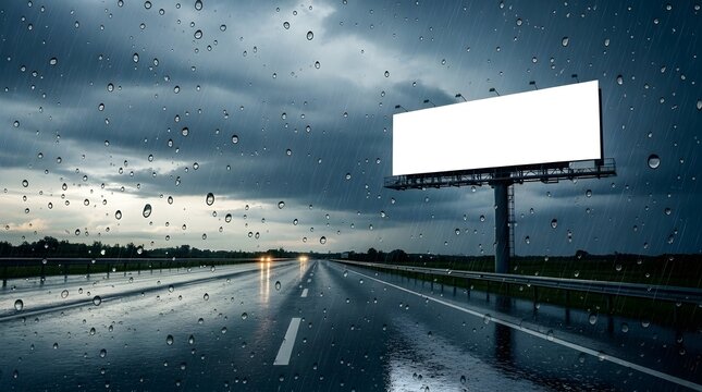 Rainy highway scene with blank billboard overcast sky and wet asphalt road surface