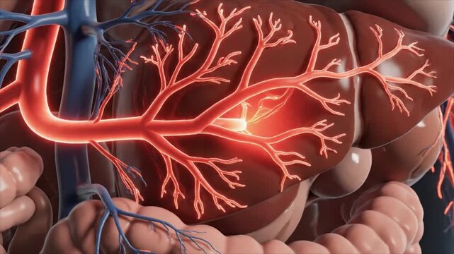The human liver with a glowing red bile duct and hepatic artery branches