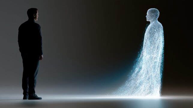 an artwork depicts a human teacher transforming into a holographic ai mentor, symbolizing the evolution of education roles with futuristic elements