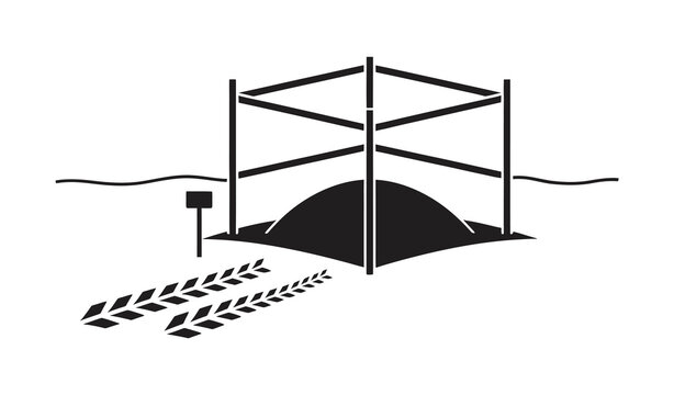 Minimalist construction site icon featuring a fenced excavated area with heavy machinery tire tracks in black and white