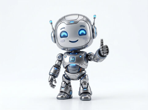 Friendly chibi AI robot giving a thumbs-up gesture, shiny metallic texture